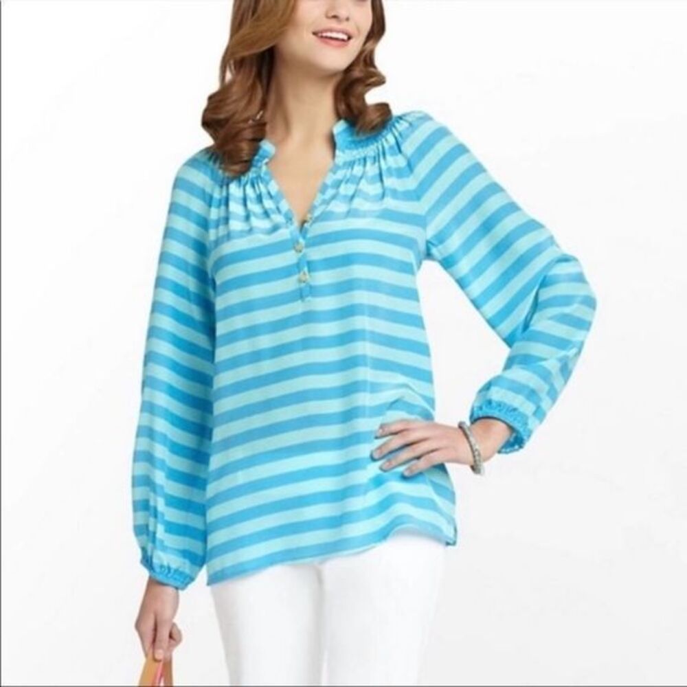 Lilly Pulitzer Elsa Top, Flutter Blue, Starboard Stripe, M 100% silk